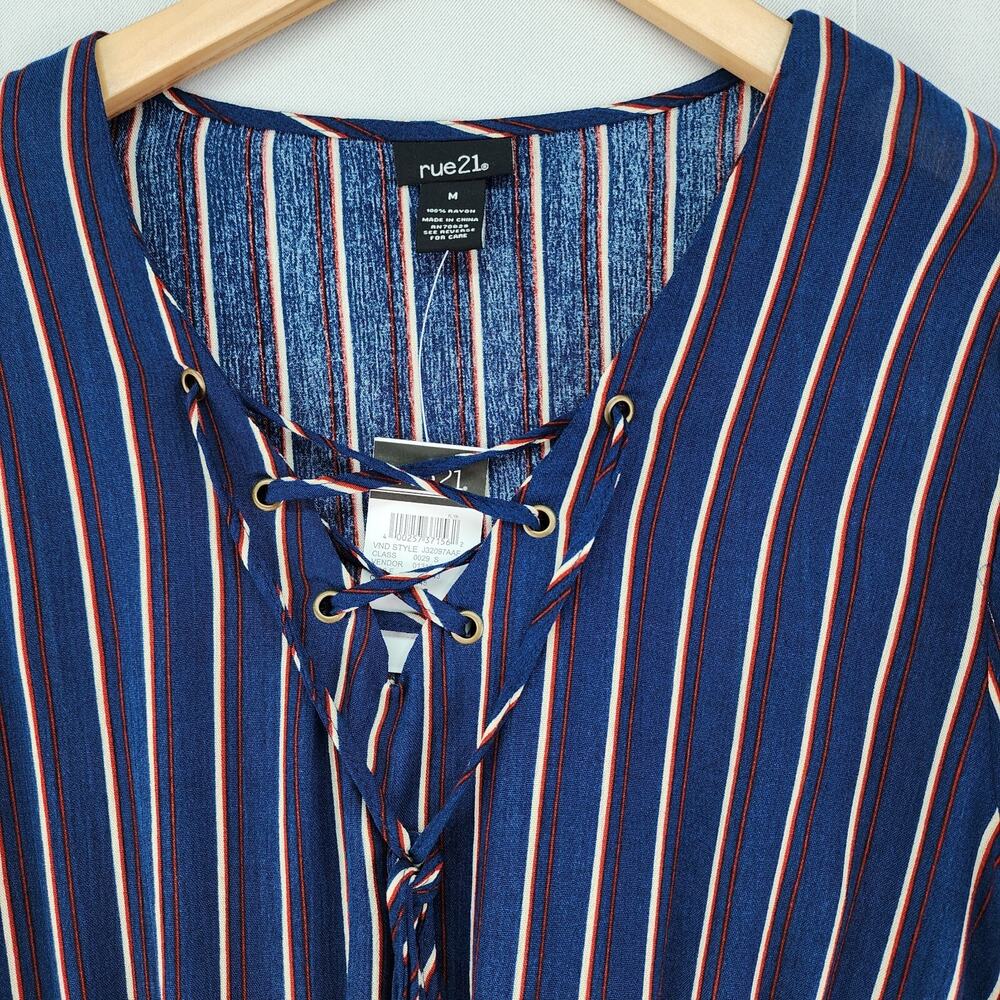 NWT Rue 21 Juniors Blouse Medium Blue Striped V Neck Long Sleeve Cropped Top - Picture 5 of 12